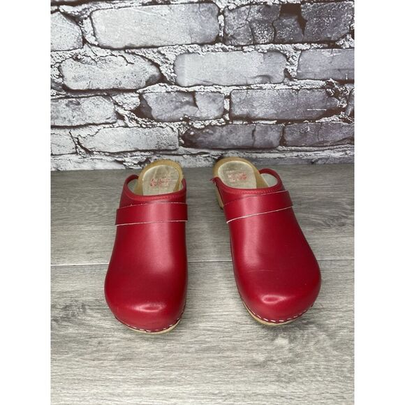 Danish Design Red Leather Wooden Heel Handmade Clogs Shoes Women Sz 38EU/7.5M US - Picture 4 of 16